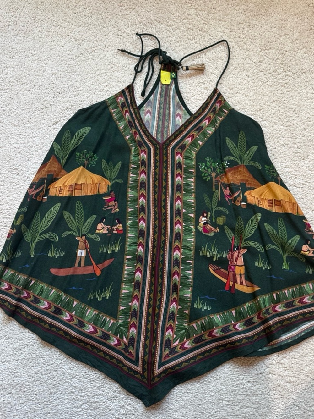 FARM Rio Green Tropical Print Halter Top with Mustard and Pink Details
